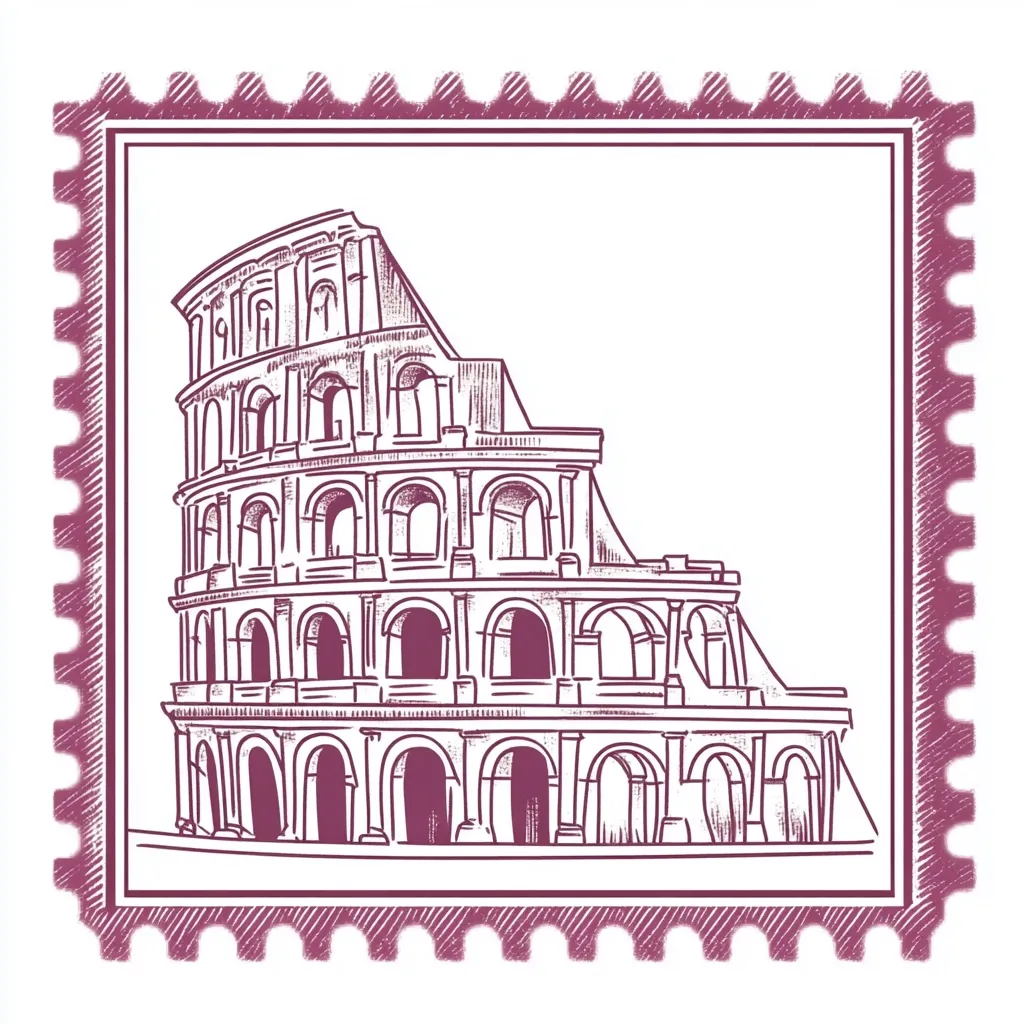 A maroon postage stamp features a hand-drawn sketch of the Colosseum in Rome.  The detailed drawing showcases the iconic amphitheater's tiered arches and structure, rendered in a vintage style. The stamp's scalloped edges enhance its antique aesthetic, suggesting a collectible or commemorative item.