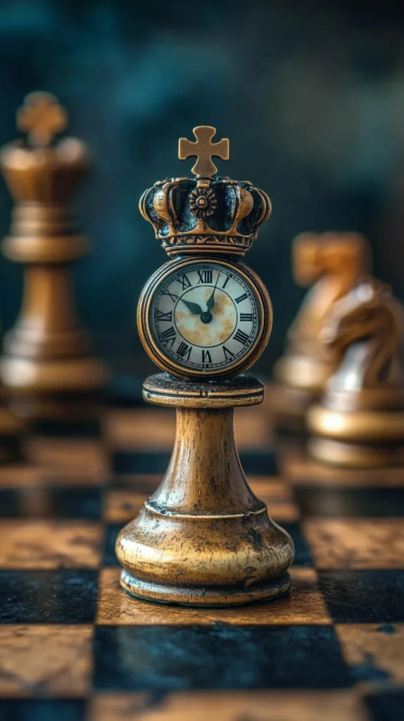A chess piece, styled as a king, sits atop a chessboard.  The piece is crowned with a miniature golden crown and features a small, antique clock embedded in its base.  The time displayed on the clock is slightly past 11:55.  The background shows blurred chess pieces, setting a dramatic, contemplative mood. The overall aesthetic is antique and sophisticated.