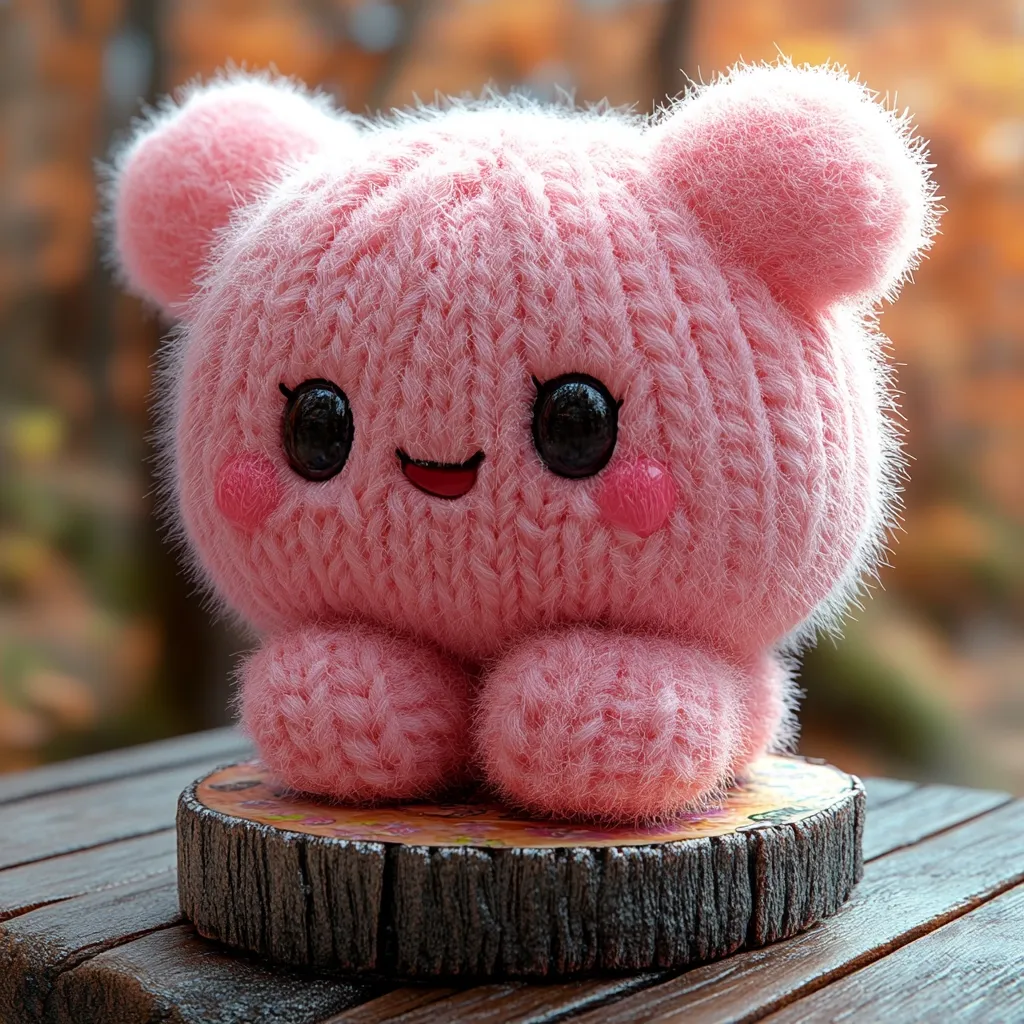 A pink, knitted amigurumi toy resembling a bear cub sits on a small wooden slice.  Its large, expressive eyes and cheerful smile give it a cute and cuddly appearance. The soft, fluffy texture of the yarn is highlighted against a blurred autumnal background. The overall impression is one of warmth and sweetness.