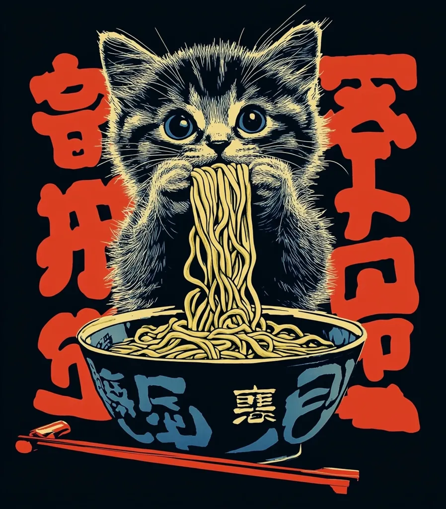 A cute kitten with big blue eyes is depicted enjoying a bowl of ramen noodles.  The illustration is in a bold, graphic style with a dark background and vibrant colors.  Japanese characters are prominently displayed alongside the image, adding to the aesthetic. The kitten's focused expression and the steaming noodles create a playful and appealing scene.  The overall style is reminiscent of Japanese pop art.
