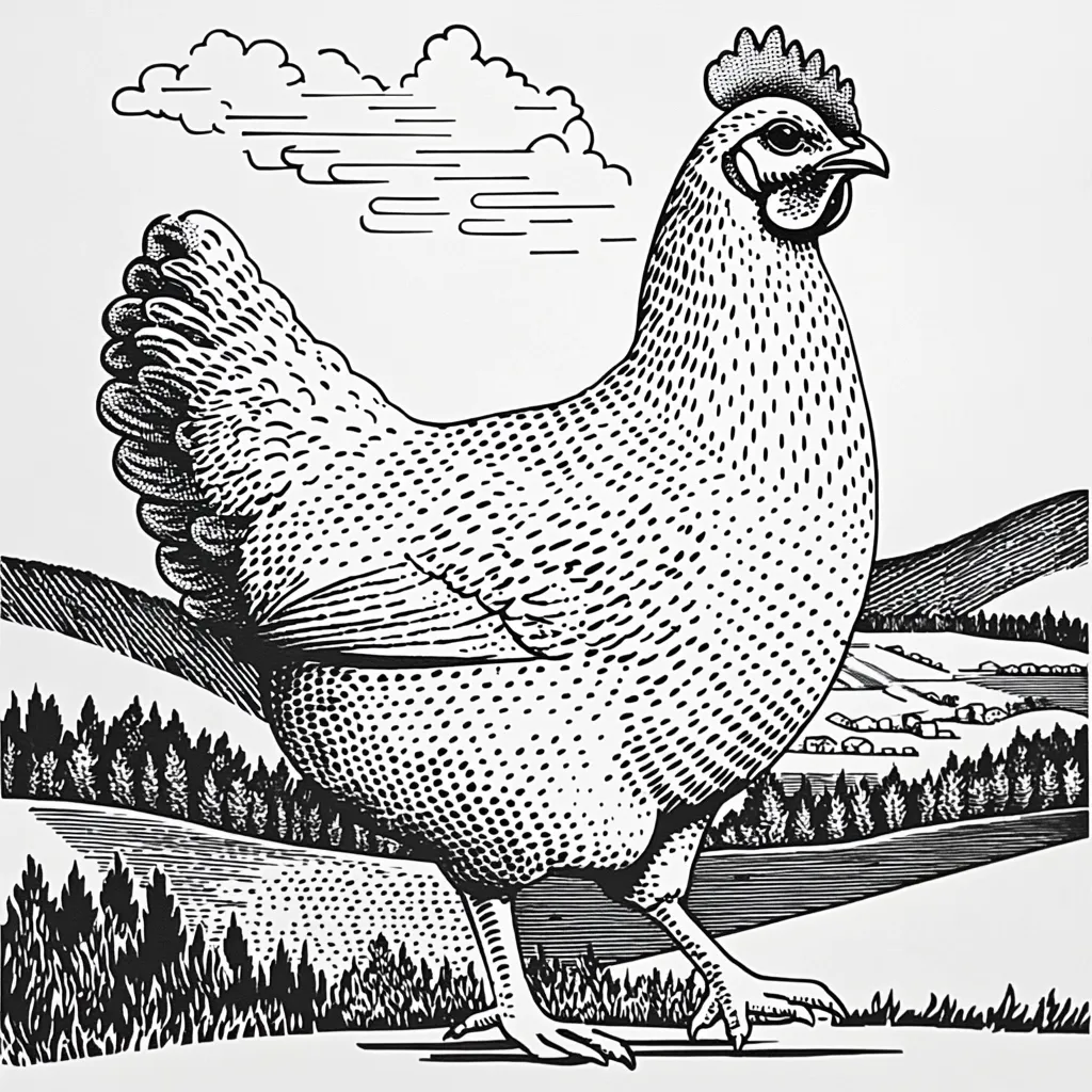 A detailed black and white illustration of a hen, depicted in a stippled style.  The hen is prominently featured, standing in a rural landscape. The background includes rolling hills, a small village, and a forest, all rendered in a similar woodblock print aesthetic.  A stylized cloud floats above the hen, adding to the idyllic farm scene.