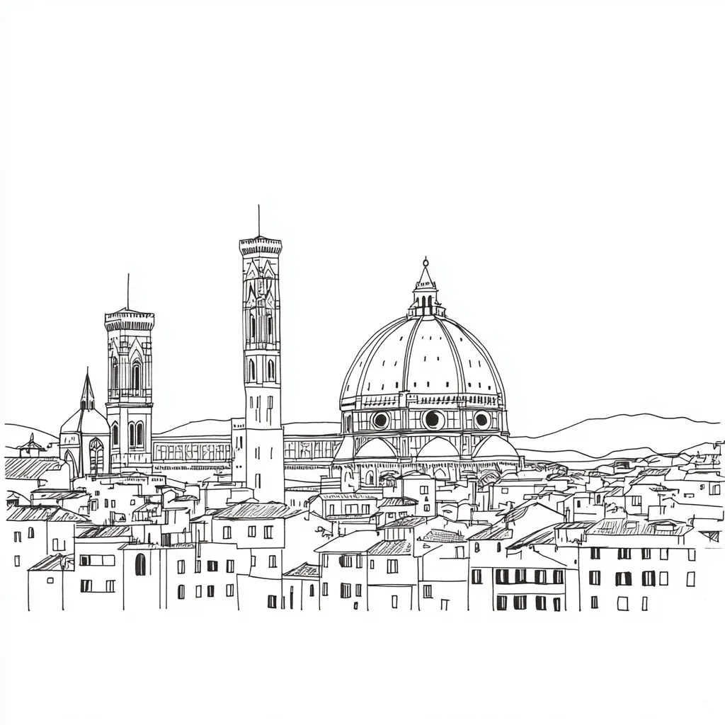 A hand-drawn sketch depicts the Florence skyline, dominated by the majestic Duomo with its iconic dome.  Two bell towers of the Cathedral flank the dome, rising above a cityscape of closely packed buildings.  The style is simple line art, creating a striking contrast between the grand architecture and the smaller surrounding structures. Rolling hills form a distant backdrop.