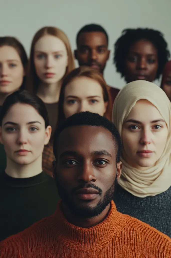 A diverse group of young adults stand shoulder-to-shoulder, their faces in sharp focus against a blurred background.  The central figure is a young Black man in an orange turtleneck sweater. Surrounding him are women and men of various ethnicities, some wearing headscarves. The image emphasizes unity and diversity.