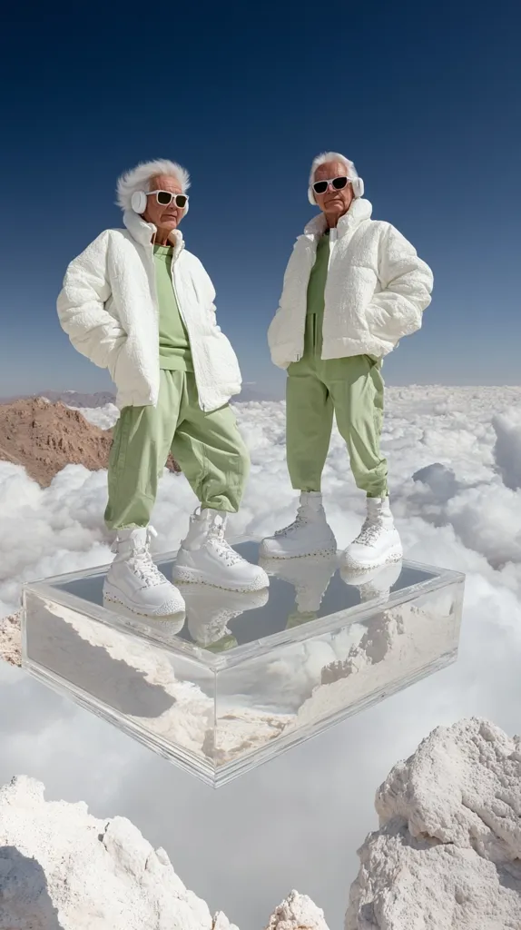 Two identical elderly twin men with white hair, wearing white fluffy jackets, light green pants, white sneakers, and sunglasses, stand on a clear acrylic platform floating above clouds.  They wear white headphones.  Mountains and a clear blue sky are visible in the background.  The image is surreal and stylish.