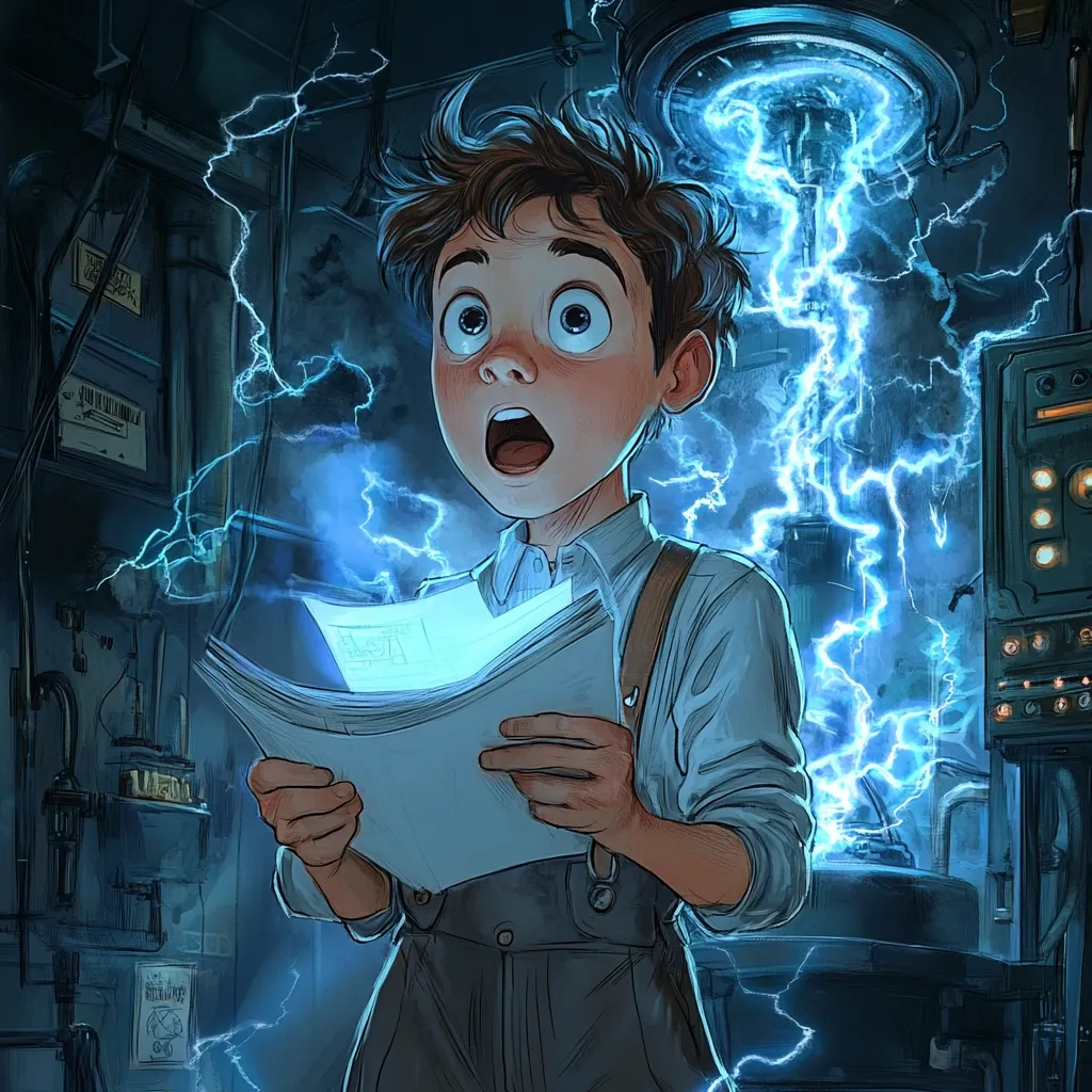 A wide-eyed boy, dressed in a light-colored shirt and overalls, stands in awe before a sparking electrical device in a dimly lit laboratory.  He holds blueprints, illuminated by the blue electrical energy surging around him.  The scene is evocative of a young inventor witnessing a powerful experiment, his expression a mixture of wonder and apprehension.  The background features cluttered laboratory equipment, adding to the atmosphere of scientific discovery.