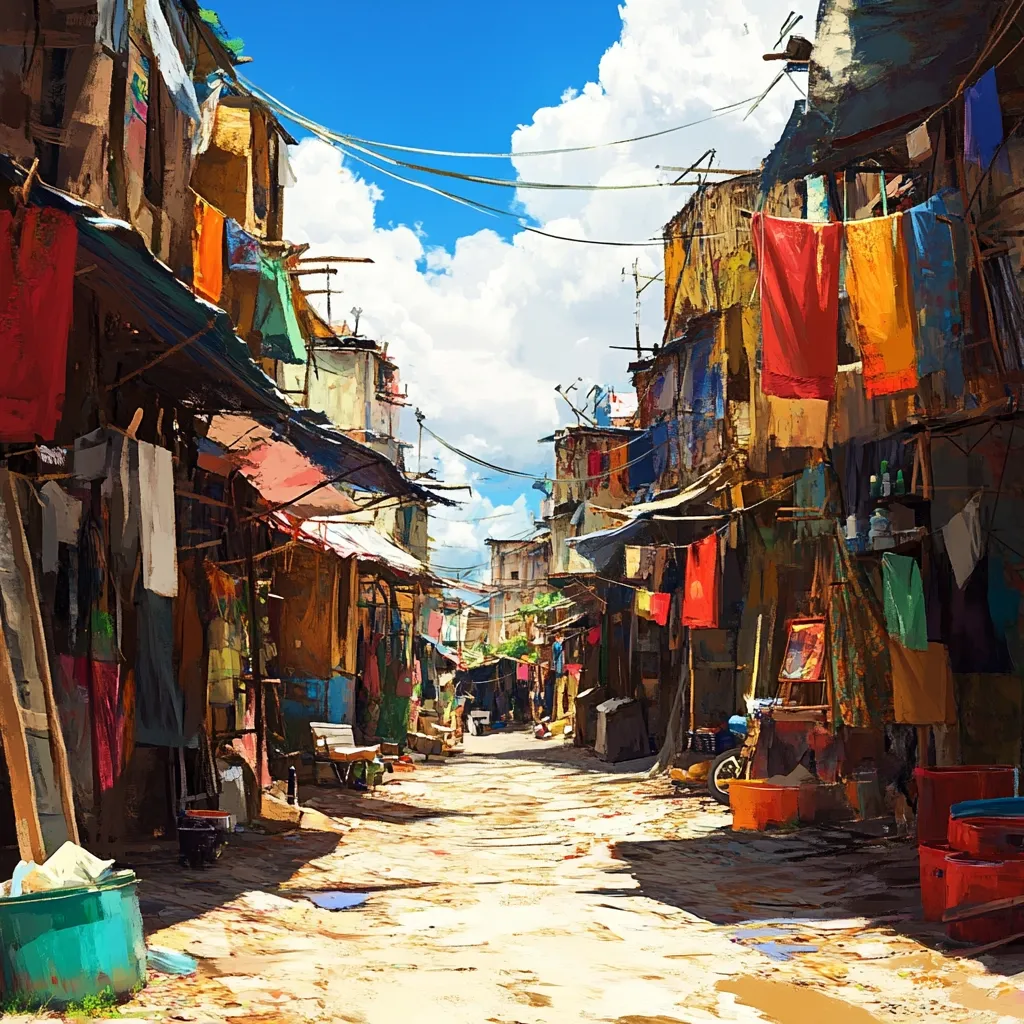 A vibrant, sun-drenched alleyway in a densely populated area is depicted.  Clothes hang from lines strung between ramshackle buildings, creating a colorful tapestry against the bright blue sky.  The buildings are close together, their weathered facades suggesting a history of daily life.  The ground is dusty, and a few small objects hint at the residents' activities. The overall impression is one of bustling community life, captured in a painterly style.