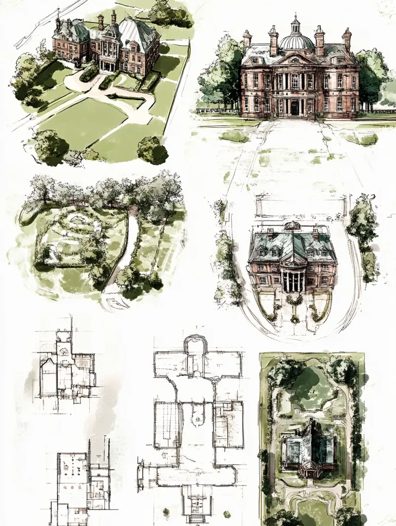 This architectural sketch depicts a grand mansion from various perspectives.  Multiple views showcase the building's exterior, including an aerial view of the grounds.  Detailed floor plans offer an inside look at the layout.  The style suggests a classical or neoclassical design, emphasizing symmetry and elegance.  Landscaping plans complement the building, showing meticulously designed gardens and pathways.  The overall impression is one of opulence and careful design.