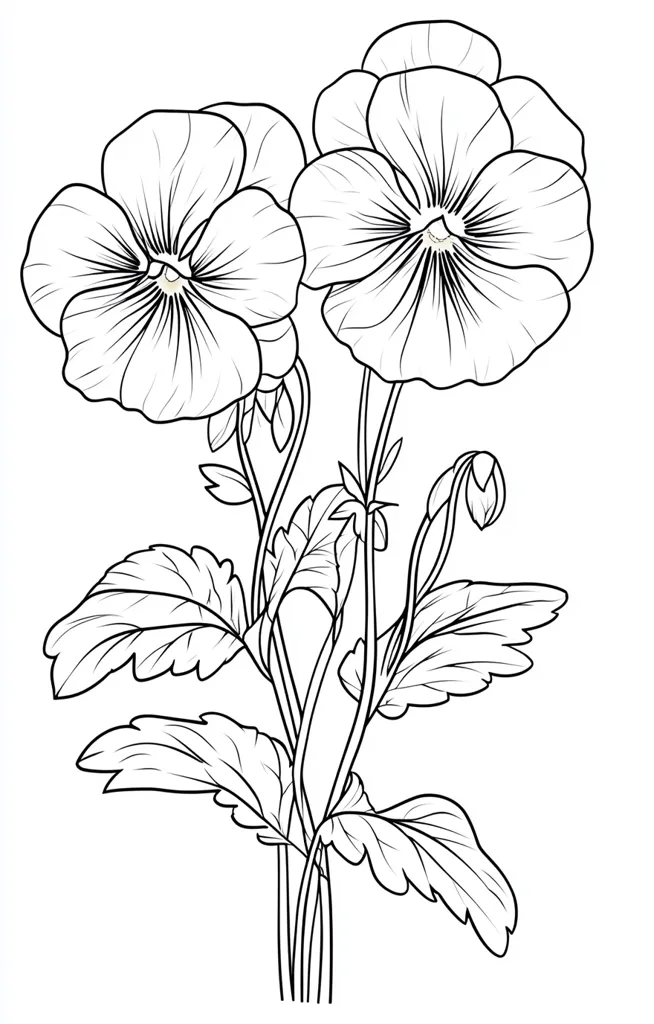 A line drawing of two pansies, their petals delicately detailed, connected by slender stems and leaves.  The pansies are depicted in full bloom, showcasing their heart-shaped blossoms and prominent centers. The leaves are serrated and spread around the base of the flowers. The image is a simple yet elegant representation of these springtime blooms.