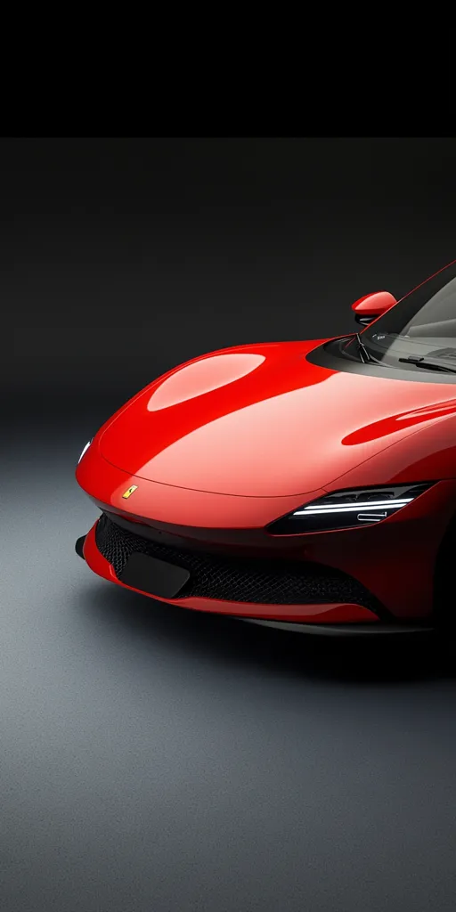 A close-up shot showcases the front end of a vibrant red Ferrari. The car's sleek, aerodynamic design is highlighted, with the iconic Ferrari logo prominently displayed on the hood.  The smooth, polished paint reflects the ambient light, emphasizing the curves and contours of the vehicle's body. The image is set against a dark, moody background, drawing focus to the car's details.