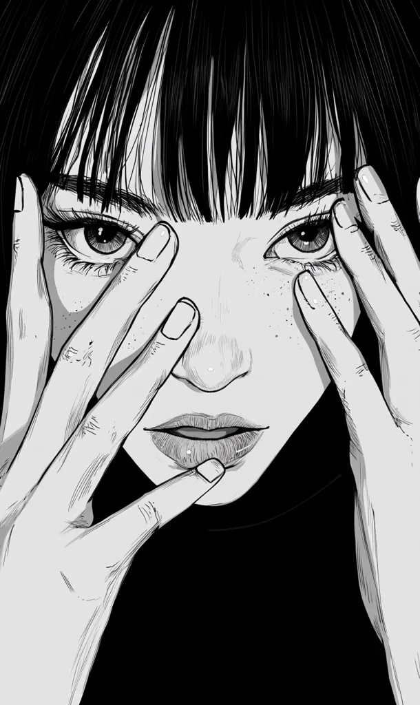 A monochrome illustration depicts a young woman with dark, straight hair that partially obscures her eyes. Her hands delicately frame her face, fingers splayed across her cheeks and near her eyes, partially obscuring her features.  The style is reminiscent of manga, with detailed linework emphasizing the woman's expressive eyes and subtle freckles.  A hint of mystery is conveyed through her partially concealed gaze.