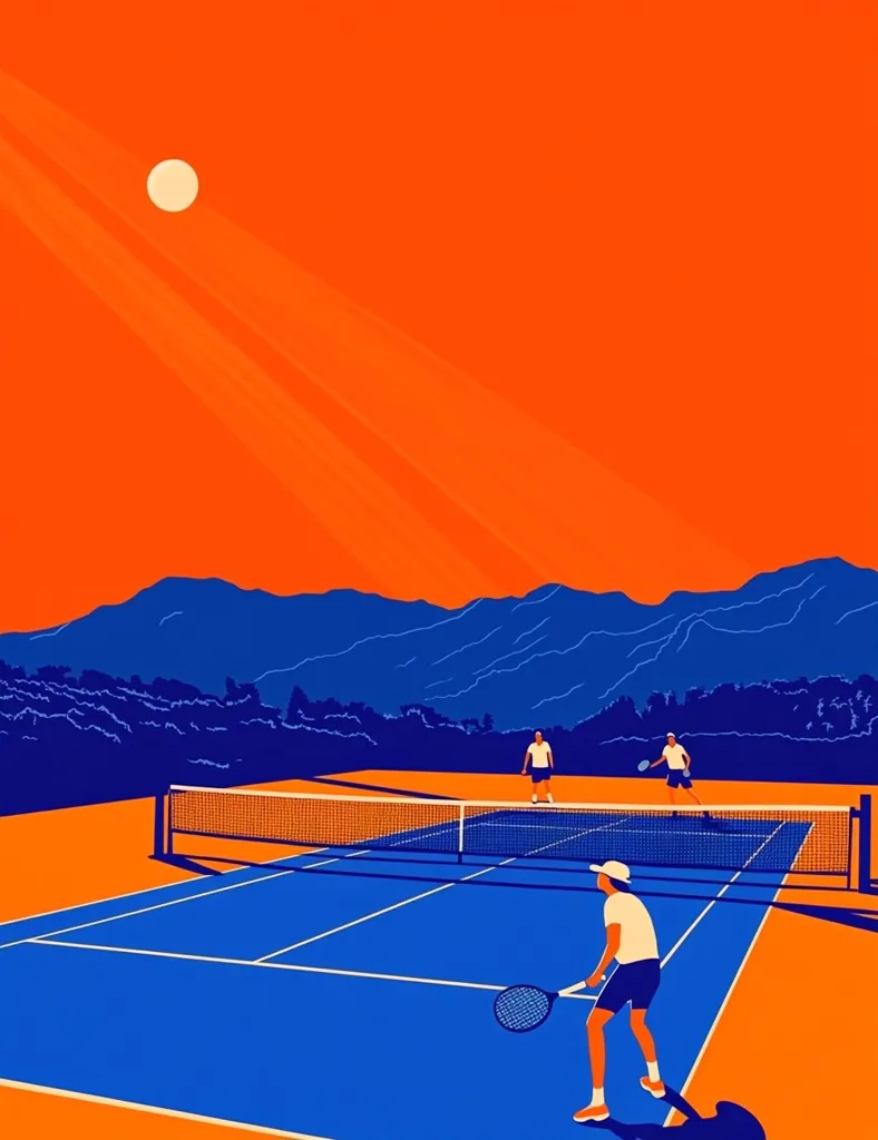 A stylized illustration depicts a tennis match at sunset.  A vibrant orange sky, with a single sun, contrasts with a deep blue tennis court and mountains in the background.  Three players are visible; one is actively playing, while two others watch from the opposite side of the net.  The bold colors and minimalist style create a striking image.