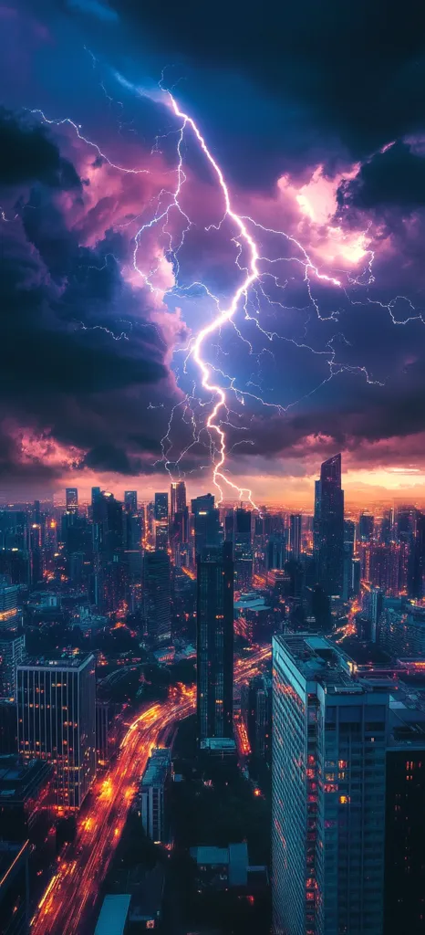 A vibrant cityscape is dramatically illuminated by a massive lightning strike during a twilight thunderstorm.  The city's lights twinkle below the intense purple and blue hues of the storm clouds, creating a striking contrast.  A powerful bolt of lightning cuts through the sky, dominating the scene with its electrifying energy. The image evokes a sense of awe and power.