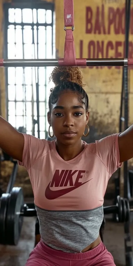 A young woman with a high bun hairstyle performs an overhead barbell lift in a gym.  She wears a pink and gray Nike athletic top and pink shorts.  The gym has exposed brick walls and large windows, creating a rustic yet modern atmosphere. The focus is on the woman's determined expression and her fitness activity.