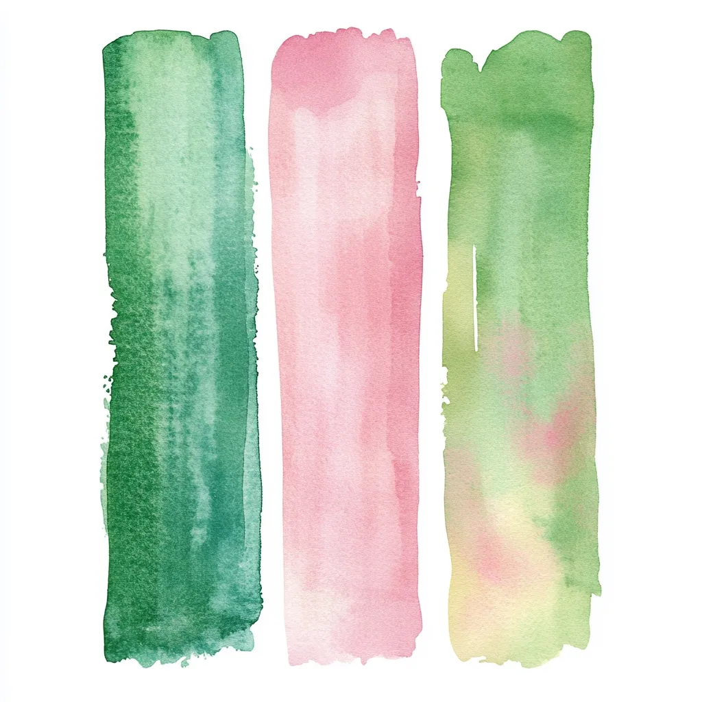 Three vertical watercolor stripes in pastel shades are displayed against a white background.  The left stripe is a deep teal green, the center stripe is a soft blush pink, and the right stripe is a pale green transitioning to a light yellow-green at the bottom.  The brushstrokes are visible, creating a textured and slightly uneven look. The overall effect is soft and serene.