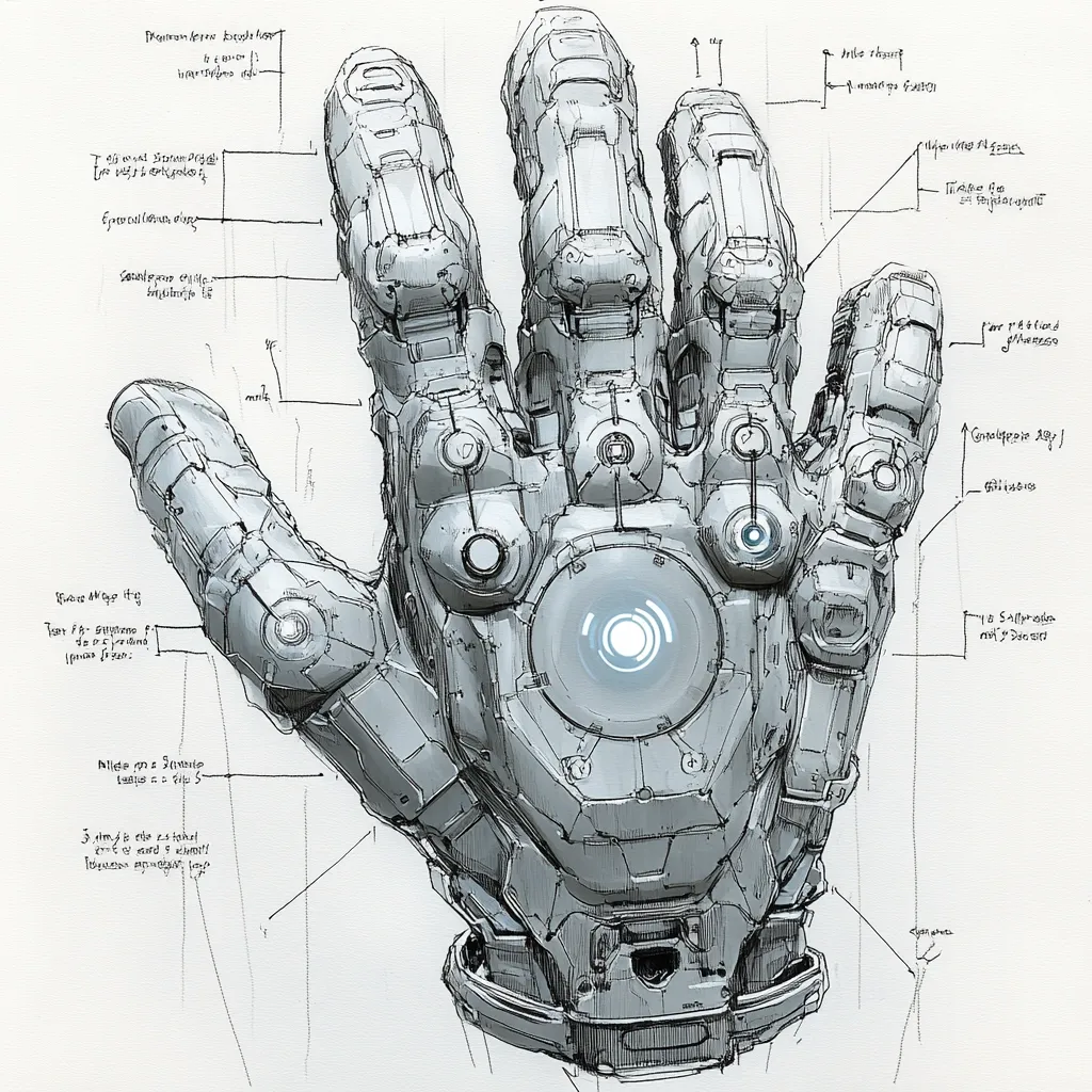A detailed sketch of a futuristic robotic hand is presented, annotated with technical specifications and design notes. The hand is intricately detailed, showcasing a complex mechanical structure with numerous buttons, panels, and joints.  The style suggests concept art for a science fiction film or game, emphasizing both mechanical function and aesthetic design.  The annotations appear to be in a language other than English.