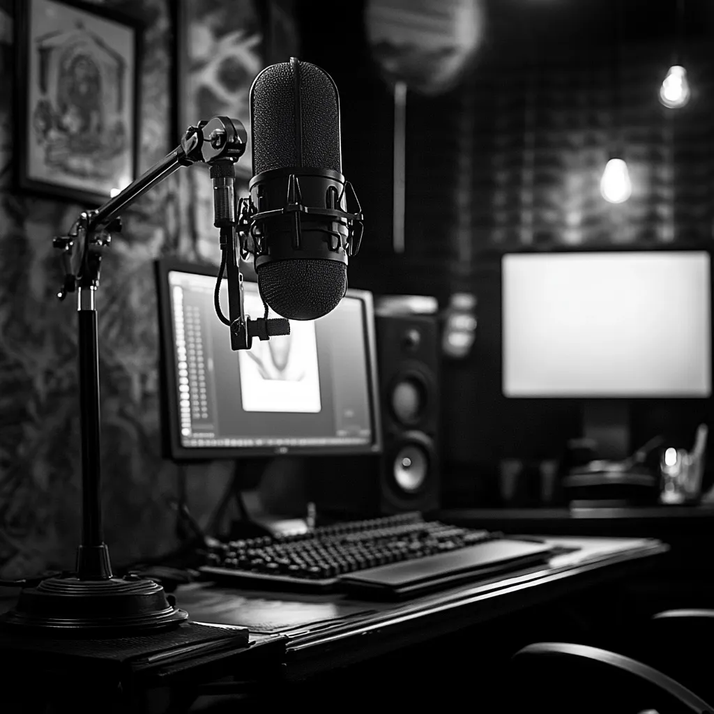 A black and white image of a professional recording studio setup.  A large diaphragm condenser microphone is prominently featured, mounted on a boom arm.  A computer monitor displaying graphic design software sits behind it, along with a keyboard and what appears to be studio monitors. The room is dimly lit, giving a moody atmosphere. The overall aesthetic suggests a podcasting, voiceover, or music production environment.