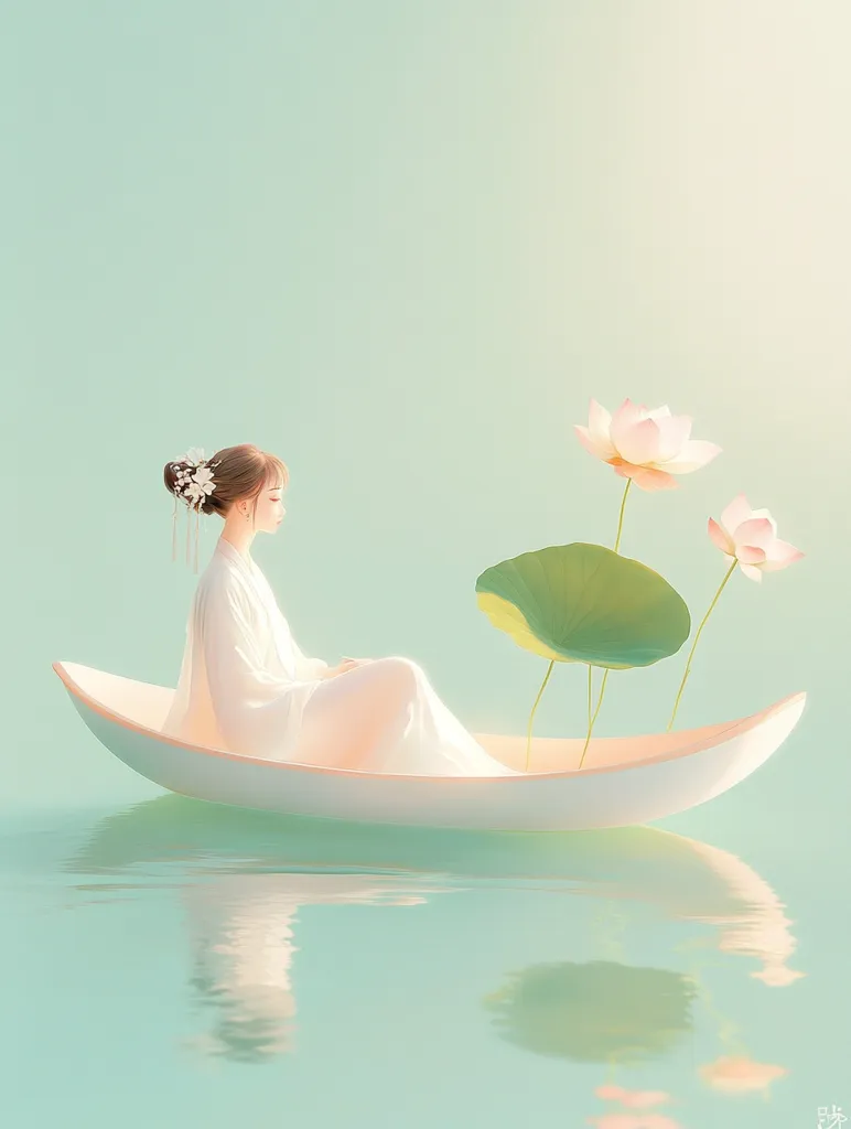 A serene digital painting depicts a woman in a flowing white robe seated in a delicate, white boat on calm, teal water.  Two pink lotus blossoms and a large lily pad rise from the water beside her.  The overall style is minimalist and peaceful, evoking a sense of tranquility and beauty.  Soft lighting enhances the ethereal atmosphere.