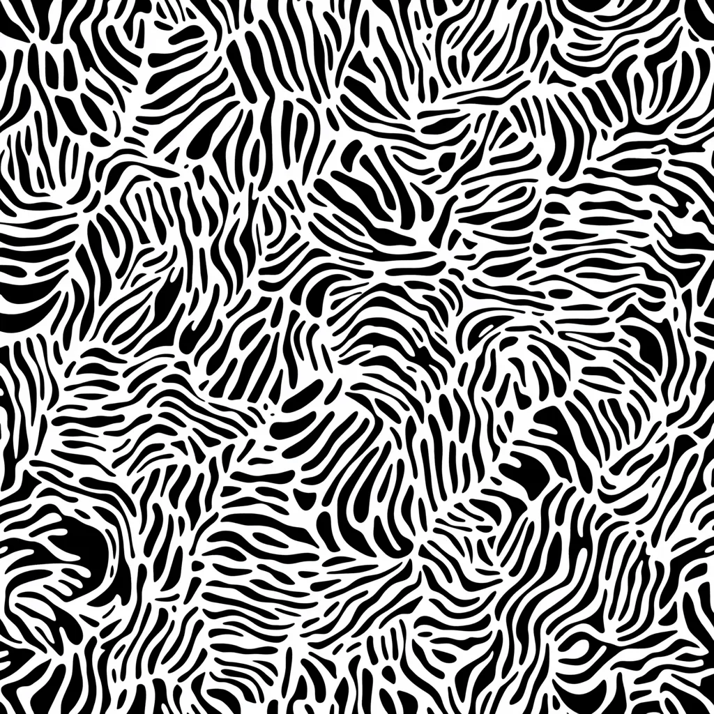 The image showcases a seamless pattern featuring abstract, swirling black lines on a white background.  The lines resemble a stylized animal print, possibly zebra or similar, with a fluid, organic feel. The pattern is dense and intricate, creating a visually captivating texture suitable for various design applications.  The high contrast between black and white enhances the pattern's bold aesthetic.