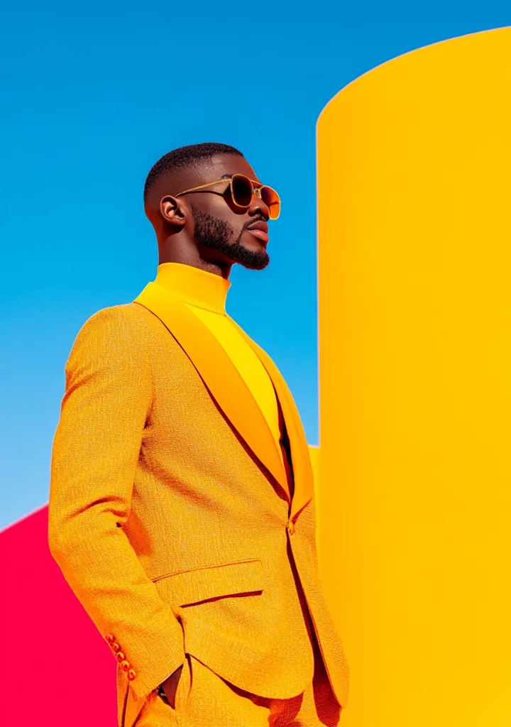A stylish Black man models a vibrant, textured orange suit against a bold yellow backdrop.  He wears sunglasses and a matching turtleneck, creating a monochromatic look. The bright colors and clean lines of the image emphasize modern fashion and confident style.  The background features a curved yellow wall contrasting with a hint of red.
