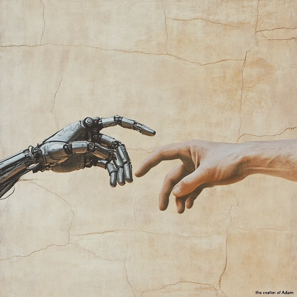 A robotic hand and a human hand reach towards each other, mimicking Michelangelo's "The Creation of Adam."  The metallic robotic hand contrasts sharply with the smooth, flesh-toned human hand against a textured, cracked beige background.  The image suggests a connection between humanity and artificial intelligence, a technological creation mirroring a divine one.