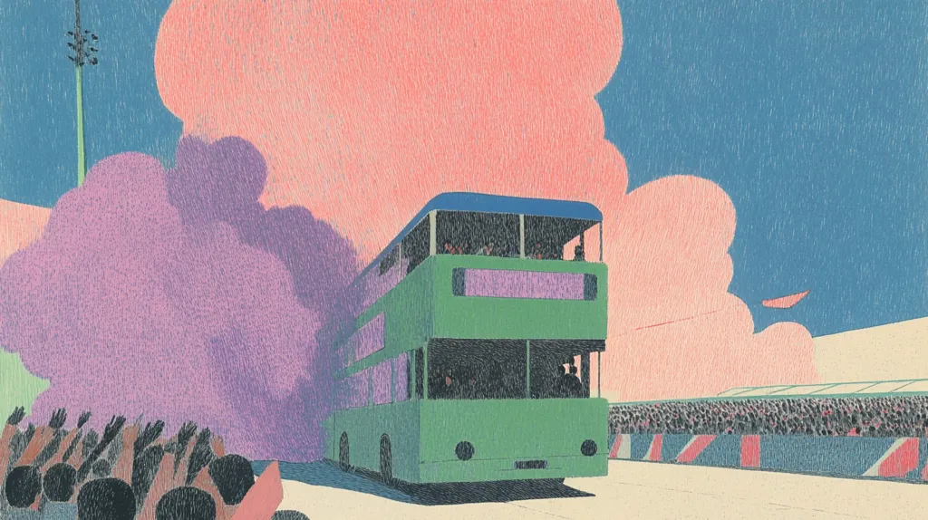 A stylized illustration depicts a green double-decker bus moving through a crowd of cheering people.  Pastel pink and purple clouds fill the background, creating a vibrant and somewhat surreal atmosphere. The scene suggests a celebratory event, possibly a parade or sporting event, with hints of Union Jack flags in the distance. The artwork uses bold colors and simple lines, characteristic of a poster or print design.