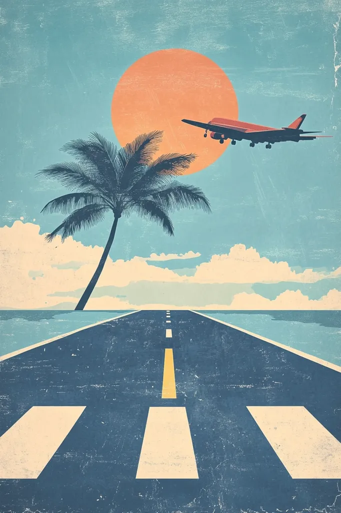 A vintage-style illustration depicts a runway extending to a tranquil ocean scene under a large orange sun. A palm tree stands on the left, while a plane flies overhead, suggesting a journey to a tropical paradise. The textured background and color palette evoke a nostalgic, retro feel, reminiscent of travel posters from a bygone era. The image symbolizes the excitement and anticipation of vacation travel.