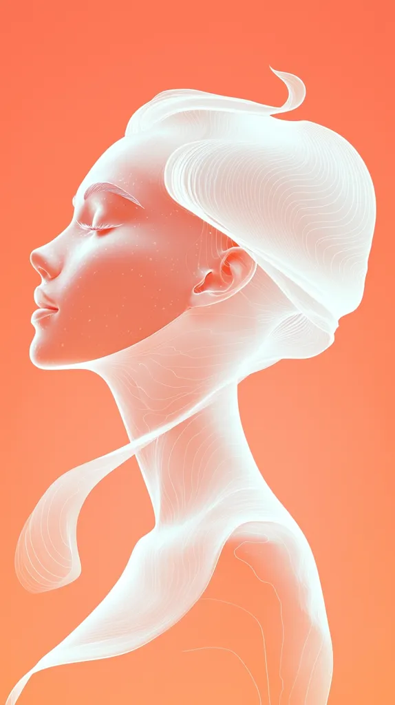 A stylized portrait of a woman's head and shoulders against a coral background.  The figure is rendered in white lines, creating a flowing, ethereal effect.  Her eyes are closed, suggesting serenity or contemplation. The lines forming her hair and body resemble flowing fabric or smoke, adding to the dreamlike quality of the image.