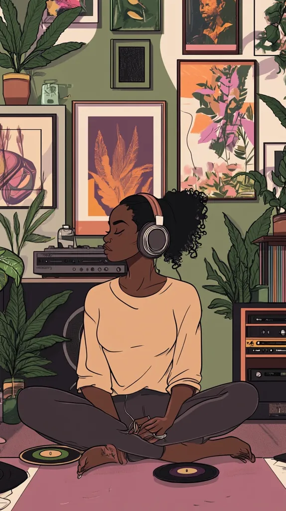 A young Black woman sits cross-legged on the floor, wearing headphones and a peach-colored sweater.  She is surrounded by plants, framed artwork featuring botanical illustrations and portraits, and vintage audio equipment including a stereo and record player.  Vinyl records sit on the floor beside her, suggesting a peaceful, music-filled atmosphere in a stylish, plant-filled room.