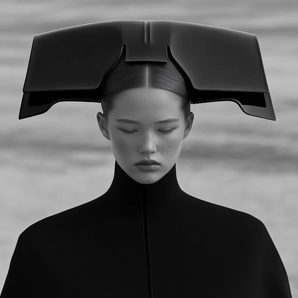 A monochromatic close-up captures a woman with sleek, pulled-back hair, adorned with a striking, geometric black headpiece.  Her expression is serene and her eyes are closed.  She's dressed in a high-necked, dark-colored garment that complements the minimalist aesthetic of the headpiece and the overall composition. The background is blurred, focusing attention on the model and her attire.