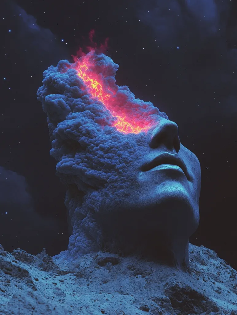 A digital artwork depicts a colossal head emerging from a lunar landscape, its eye socket filled with a fiery, nebular cloud.  The head is sculpted from a bluish, rocky material, contrasting with the vibrant orange and yellow flames within the cloud. The backdrop is a star-filled night sky, enhancing the surreal and ethereal atmosphere.  The image evokes a sense of cosmic wonder and mystery.