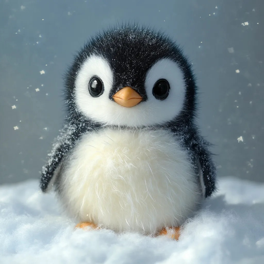 A fluffy, adorable penguin chick sits in the snow, its black and white feathers dusted with snowflakes.  Large, expressive eyes and a small, orange beak complete its charming appearance.  The soft, light blue background enhances the wintery scene, creating a heartwarming and peaceful image.  Snow gently falls around the little penguin.