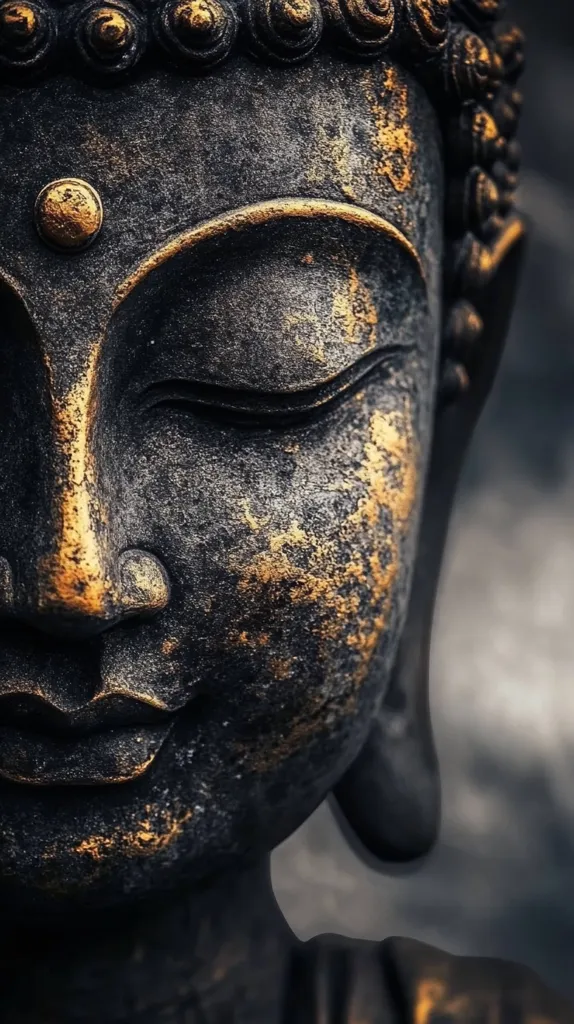 A close-up shot reveals a serene Buddha statue, its face a study in peaceful contemplation.  The dark stone is accented with gold, giving it an aged and weathered appearance.  Eyes are closed, the lips gently curved in a subtle smile.  The detail in the face and headdress is striking, enhancing the spiritual aura of the image.  The dark background emphasizes the statue's form.