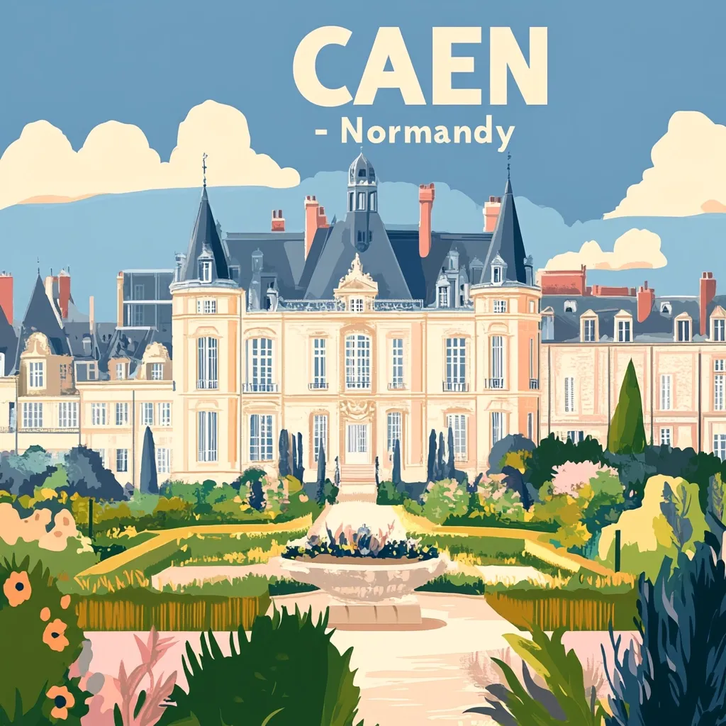 A vibrant travel poster depicts the Château de Caen in Normandy, France.  The grand château, a pale peach color, stands majestically amidst meticulously manicured gardens.  Formal hedges and flowerbeds create a symmetrical design leading to the château's entrance. The poster's style is reminiscent of vintage travel advertisements, evoking a sense of charm and elegance.  "CAEN - Normandy" is prominently displayed.
