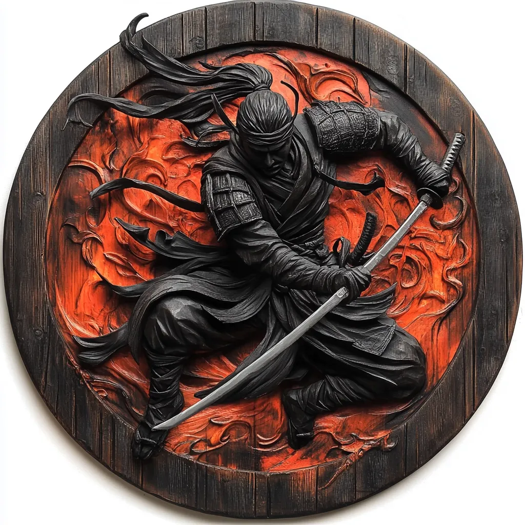 A striking circular wood carving depicts a samurai in dynamic motion.  The black samurai figure, wielding a katana, is intricately detailed, appearing to leap through flames depicted in vibrant orange hues on the wood. The dark wood frame provides a stark contrast, creating a visually impactful piece with a strong sense of action and drama.  The overall effect is one of powerful artistry and Japanese cultural influence.