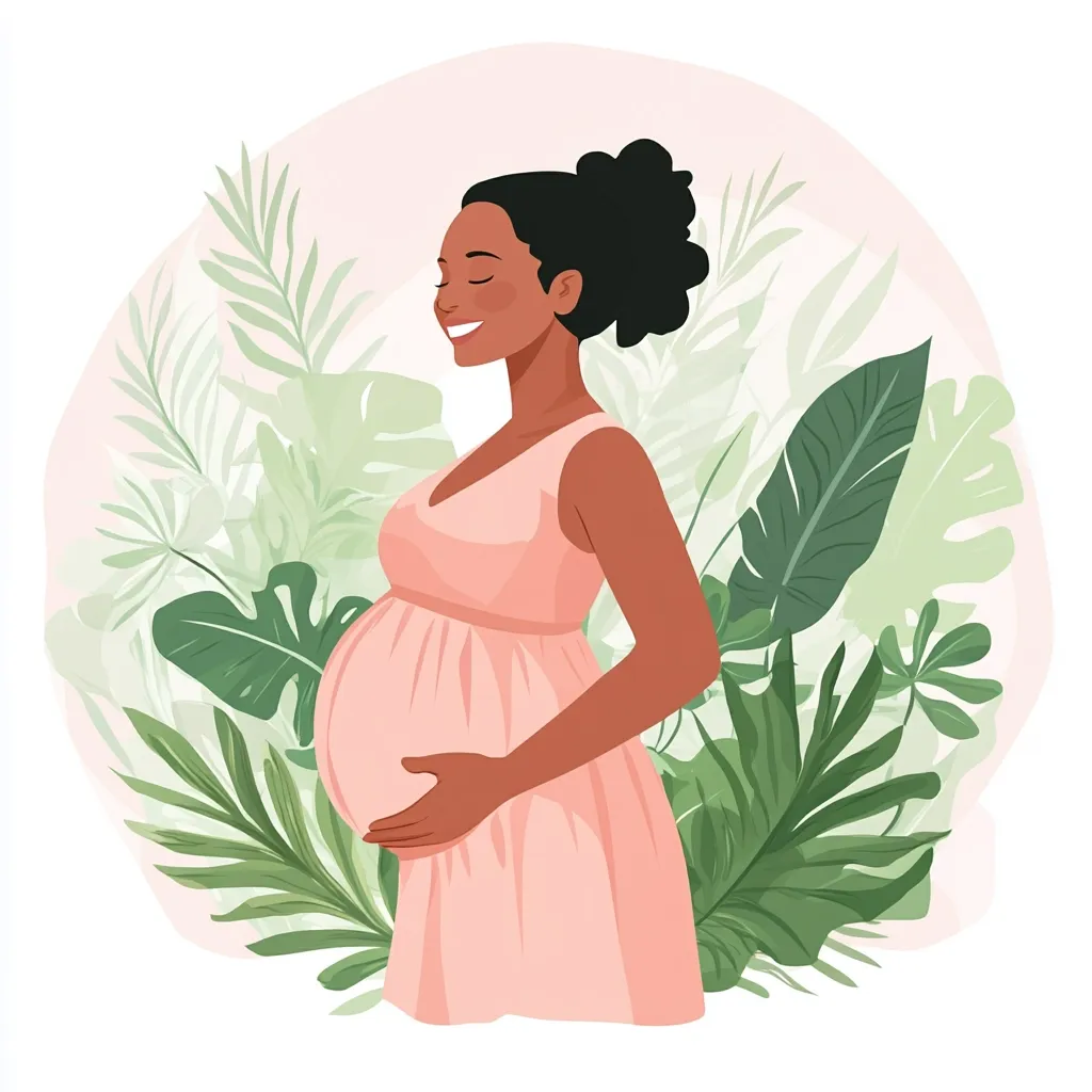 A serene pregnant Black woman, with closed eyes and a gentle smile, stands against a backdrop of lush tropical foliage.  She wears a peach-colored maternity dress and cradles her baby bump with both hands. The illustration evokes a feeling of peace and joy associated with motherhood and pregnancy.  The soft color palette enhances the calm atmosphere.
