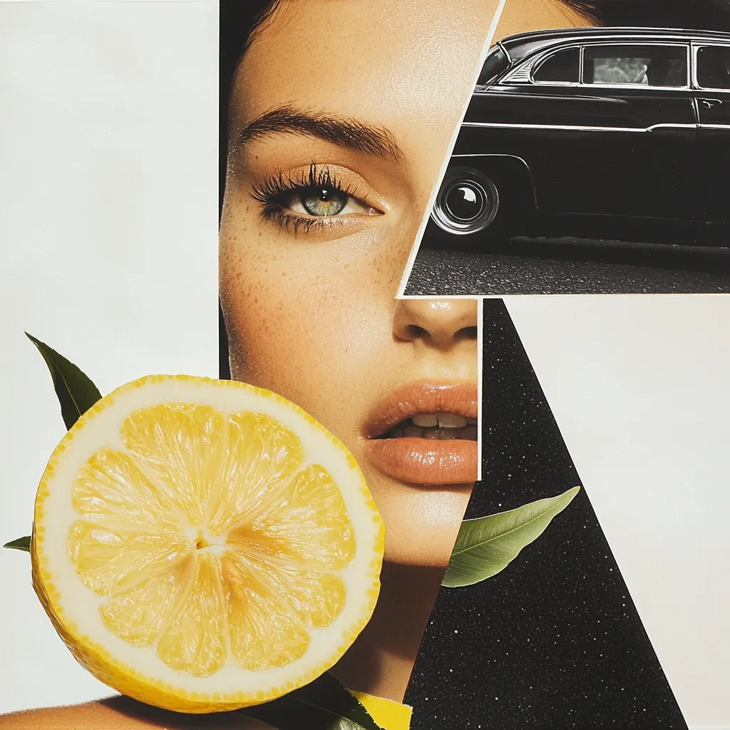A vibrant collage features a woman's face partially obscured by a lemon slice.  Her freckled skin and captivating green eye are visible.  A classic black car and a dark, textured triangular element complete the composition, creating a striking juxtaposition of beauty, nature, and vintage style. The image is a bold, artistic statement.