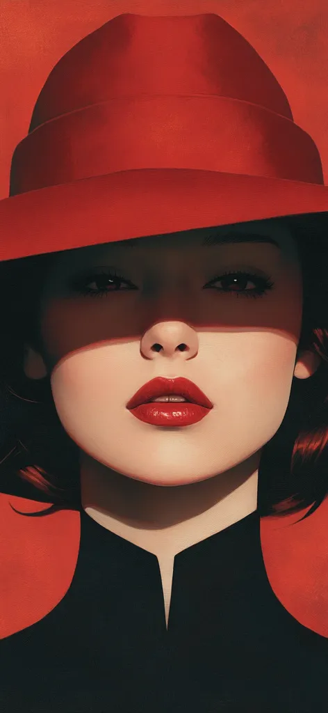 A stylized portrait of a woman, her face partially obscured by a large red hat.  She has dark hair, striking eyes, and vibrant red lipstick.  The color palette is dominated by reds and blacks, creating a dramatic and sophisticated mood. The artwork's style is clean and graphic, with smooth lines and a focus on form and color.