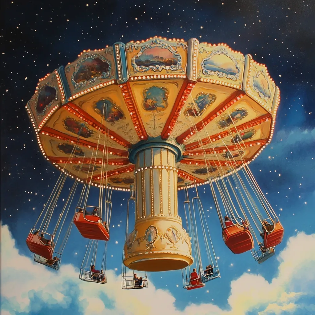 A whimsical painting depicts a carousel suspended in a starry night sky above fluffy clouds.  Ornate, red and gold carriages swing gently, each carrying a few passengers.  The scene is surreal and dreamlike, suggesting a sense of wonder and escape. The carousel's design is detailed, with intricate carvings and lights, creating a magical atmosphere.