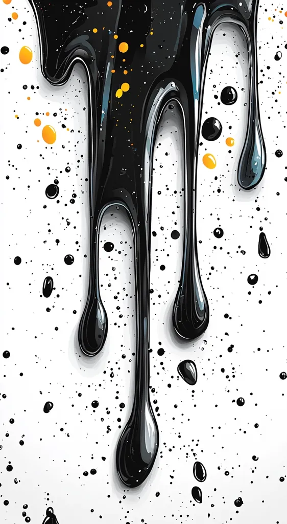 The image is an abstract illustration featuring thick, glossy black drips cascading down a white background.  Smaller black droplets and scattered flecks of orange pigment splatter the surface, creating a dynamic contrast. The black drips have a reflective quality, suggesting a viscous substance like paint or oil. The overall effect is visually striking and suggestive of movement and fluidity.