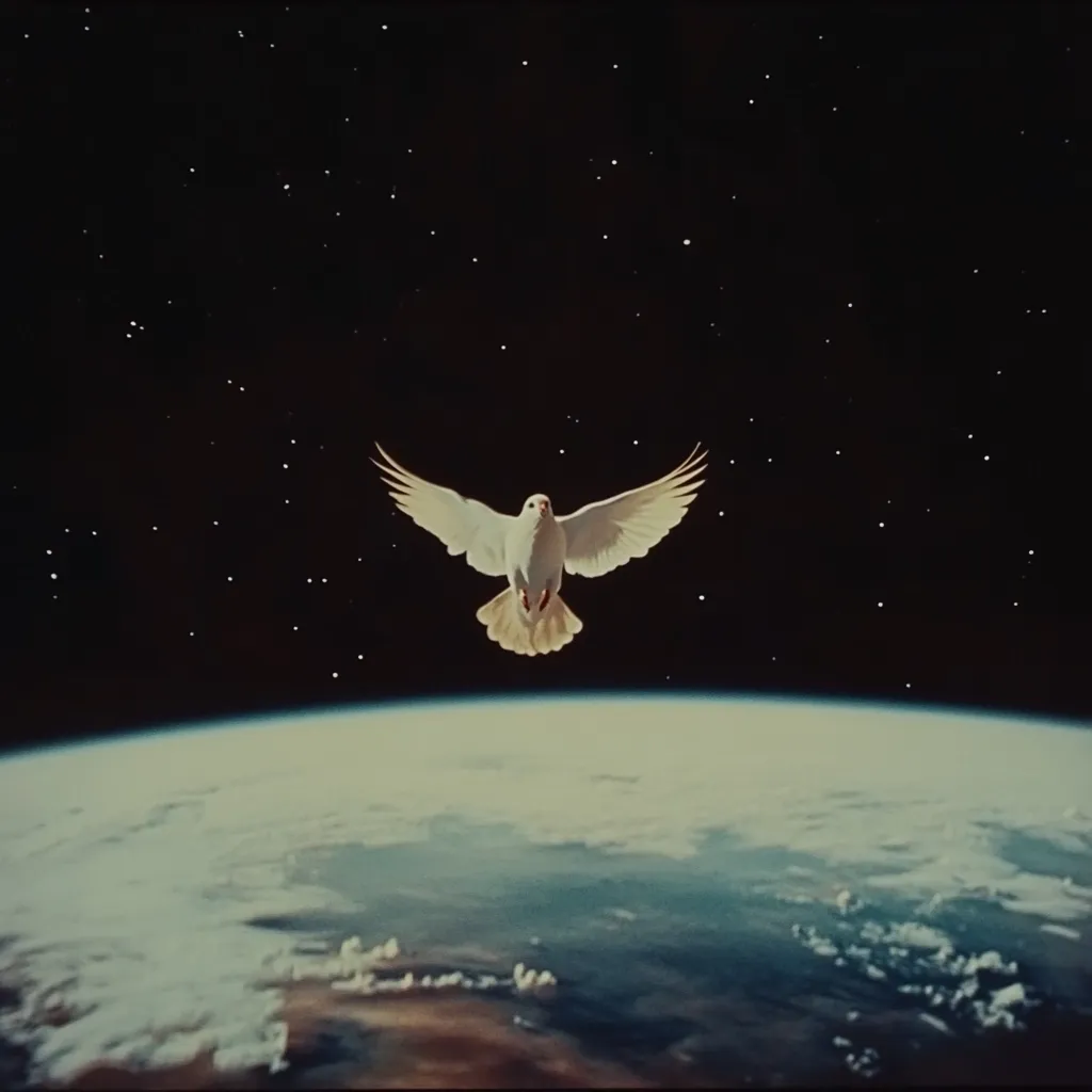A white dove, a symbol of peace, soars through the inky blackness of space.  Below, the Earth curves gently, a swirling mix of blue oceans and white clouds.  The vastness of space contrasts sharply with the delicate form of the bird, creating a powerful and evocative image.  Stars twinkle in the dark expanse, providing a backdrop to this serene cosmic scene.