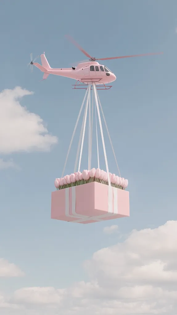 A pastel pink helicopter is suspended in a light blue sky, carrying a large pink gift box overflowing with pink tulips.  The box is attached to the helicopter by long, thin white ribbons, creating a whimsical and surreal scene.  Fluffy white clouds dot the background.