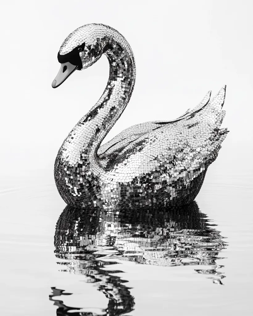 A silver mosaic swan floats serenely on calm water, its reflection mirroring its elegant form.  The swan's body and neck are intricately crafted from small, shimmering tiles, creating a dazzling effect.  The monochromatic image highlights the texture and detail of the artwork, emphasizing its graceful posture and the stillness of the water.
