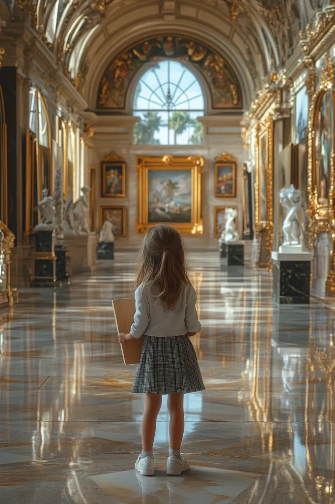 A young girl, facing away, stands in a grand, ornate art gallery. She holds a clipboard or sketchbook, possibly taking notes or drawing inspiration.  The gallery boasts high ceilings, gilded frames around numerous paintings and sculptures, and a large window at the far end, letting in natural light. The polished floor reflects the gallery's opulent details.
