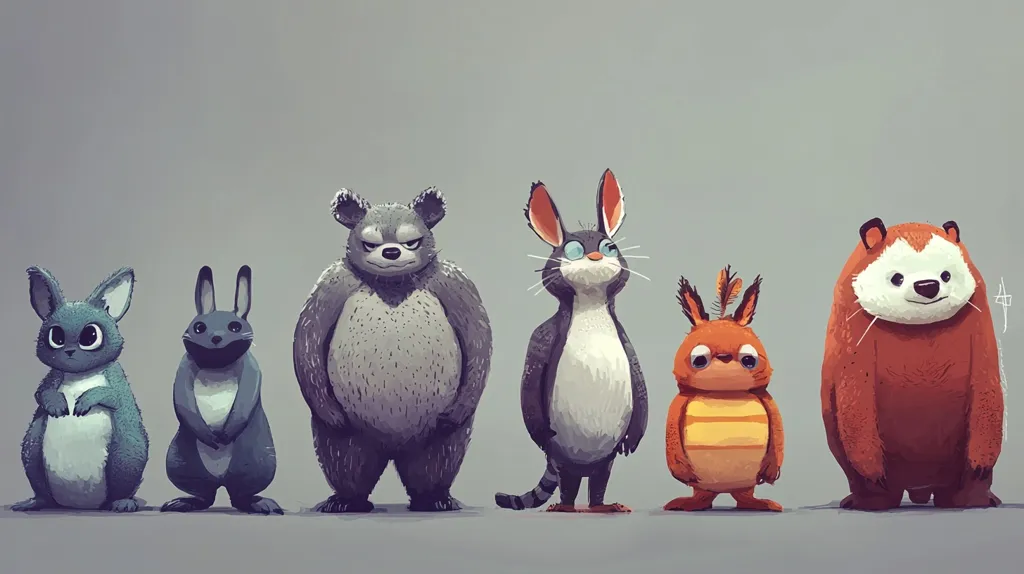 A whimsical lineup of six stylized animals stands against a muted gray background.  Two bunnies, one gray and one bluish-gray, flank a stout gray bear and a slender cat-like creature wearing spectacles.  A smaller, orange-and-yellow creature with a feather on its head and a round, reddish-brown animal complete the charming ensemble.  The illustration features a soft, painterly style.