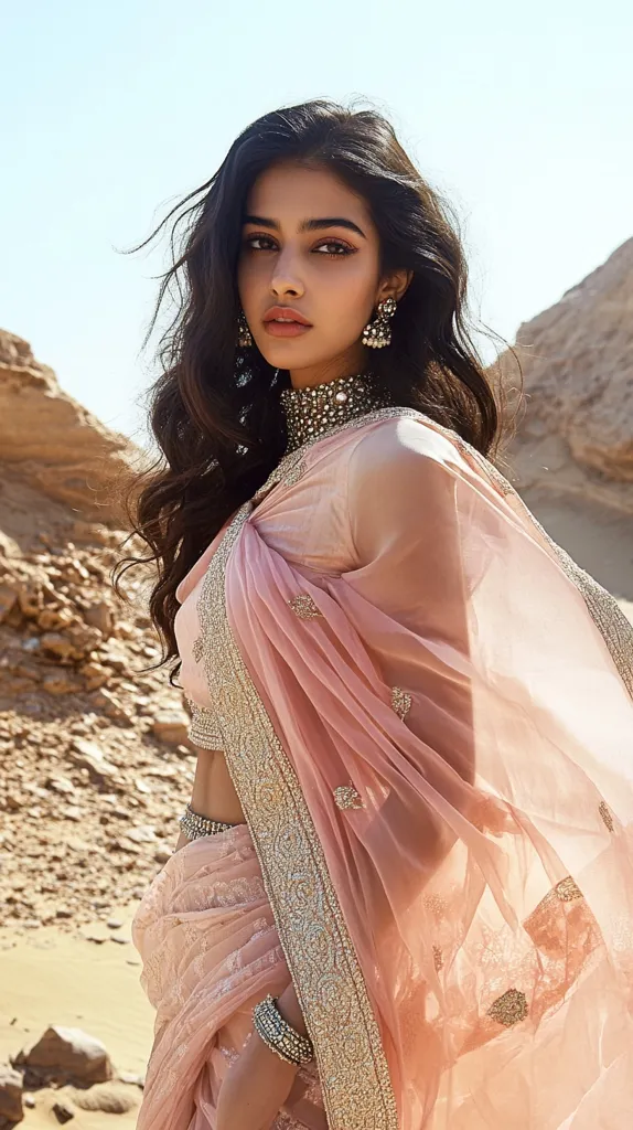 A young woman with long, dark hair poses in a peach-colored embroidered saree.  The saree features delicate embellishments and a silver border. She wears silver jewelry, including earrings and a choker necklace. The setting is a desert landscape with sandy dunes in the background, enhancing the ethereal beauty of the image.  Her makeup is soft and enhances her natural features.