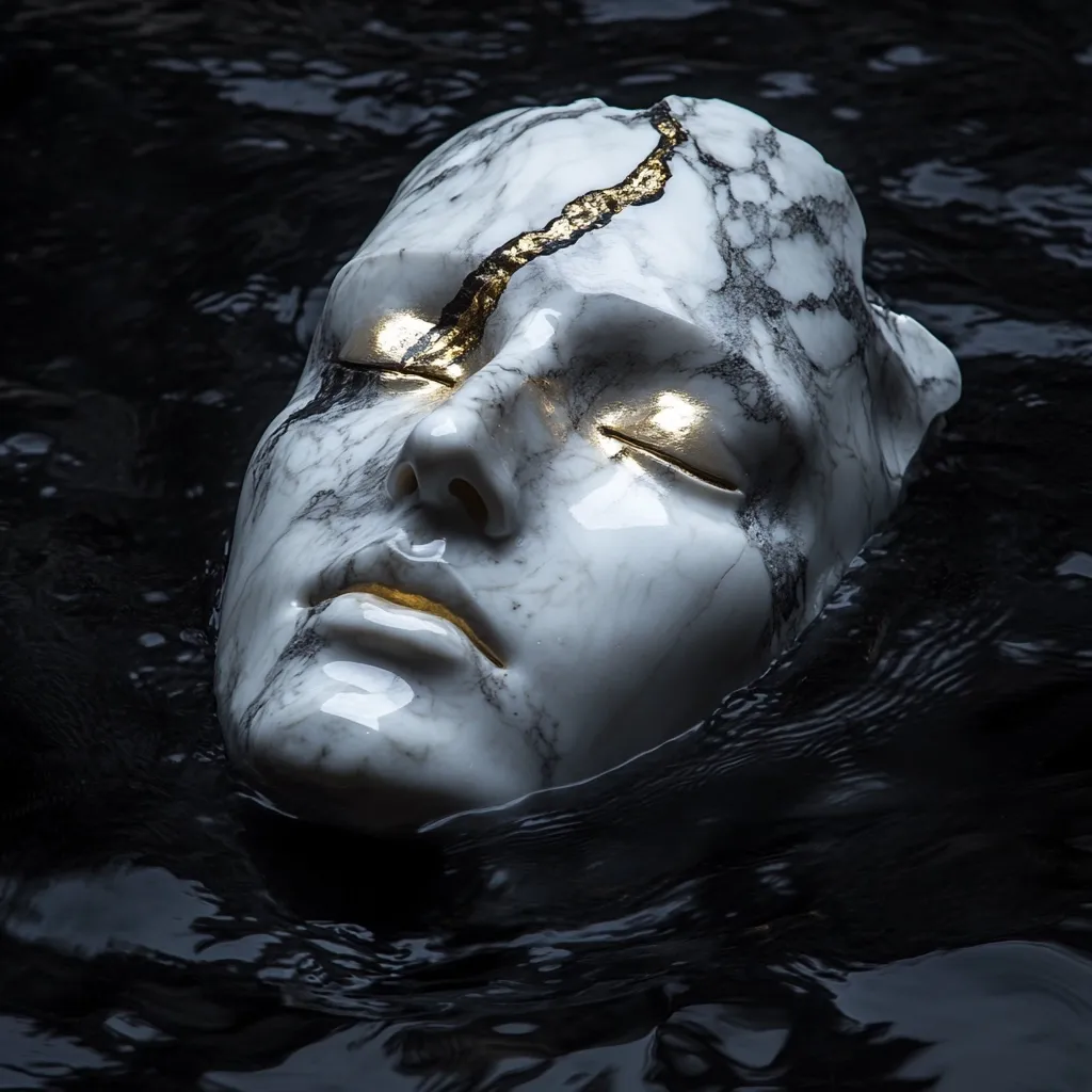 A serene marble mask, adorned with gold leaf accents along a crack, floats peacefully on dark water.  Its eyes are closed, suggesting tranquility or slumber. The contrast between the cool white marble and the inky black liquid creates a striking visual effect, hinting at themes of mystery and beauty.  The mask's realistic features and subtle veining add to its ethereal quality.