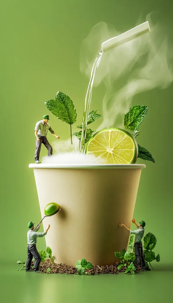 A whimsical image depicts miniature figures interacting with a large paper cup.  Hot water pours from a spout into the cup, which already contains a lime slice and fresh mint leaves.  One figure adds a scoop of something, while others seem to tend to the plants.  The overall scene is vibrant and playful, suggesting a refreshing beverage preparation. The background is a solid, calming green.
