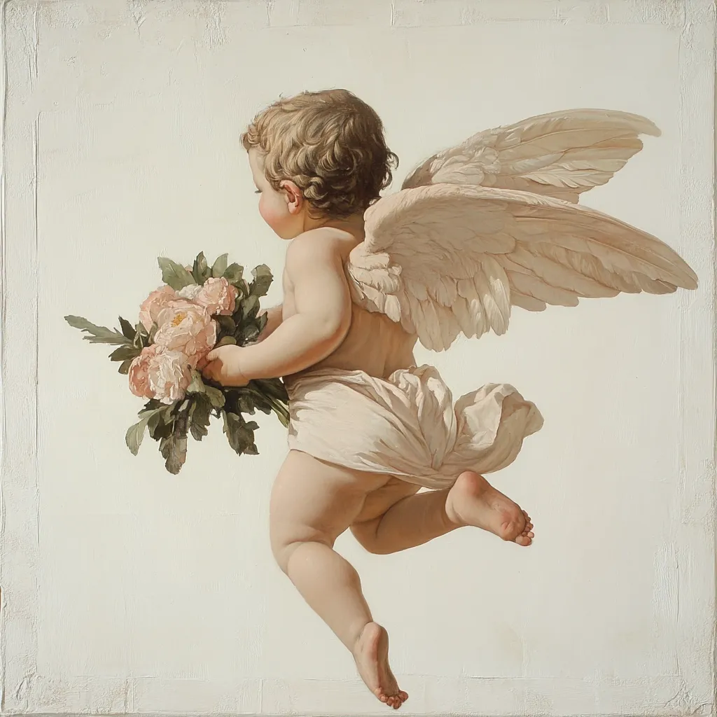 A cherubic angel, wings outstretched, flies across a soft, off-white background.  The angel, depicted from behind, holds a bouquet of pale pink roses.  The painting is rendered in a classical style with soft light and subtle shading, emphasizing the cherub's delicate form and the ethereal quality of the scene.  The overall aesthetic is serene and romantic.