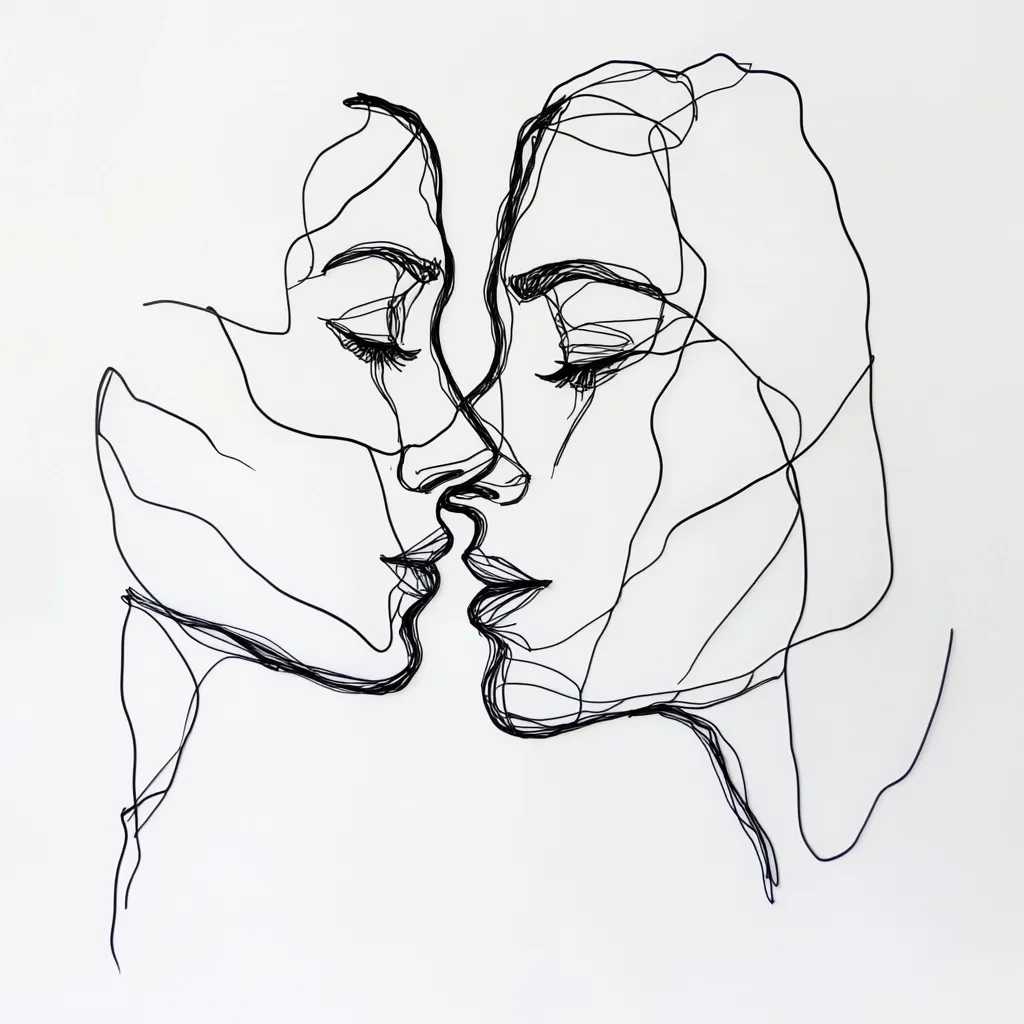 A minimalist line drawing depicts two faces, seemingly a couple, in a tender embrace. Their eyes are closed, and their lips meet in a kiss.  The continuous line style creates a sense of fluidity and intimacy, emphasizing the connection between the two figures. The simplicity of the black lines against the white background enhances the artwork's elegance and romanticism.