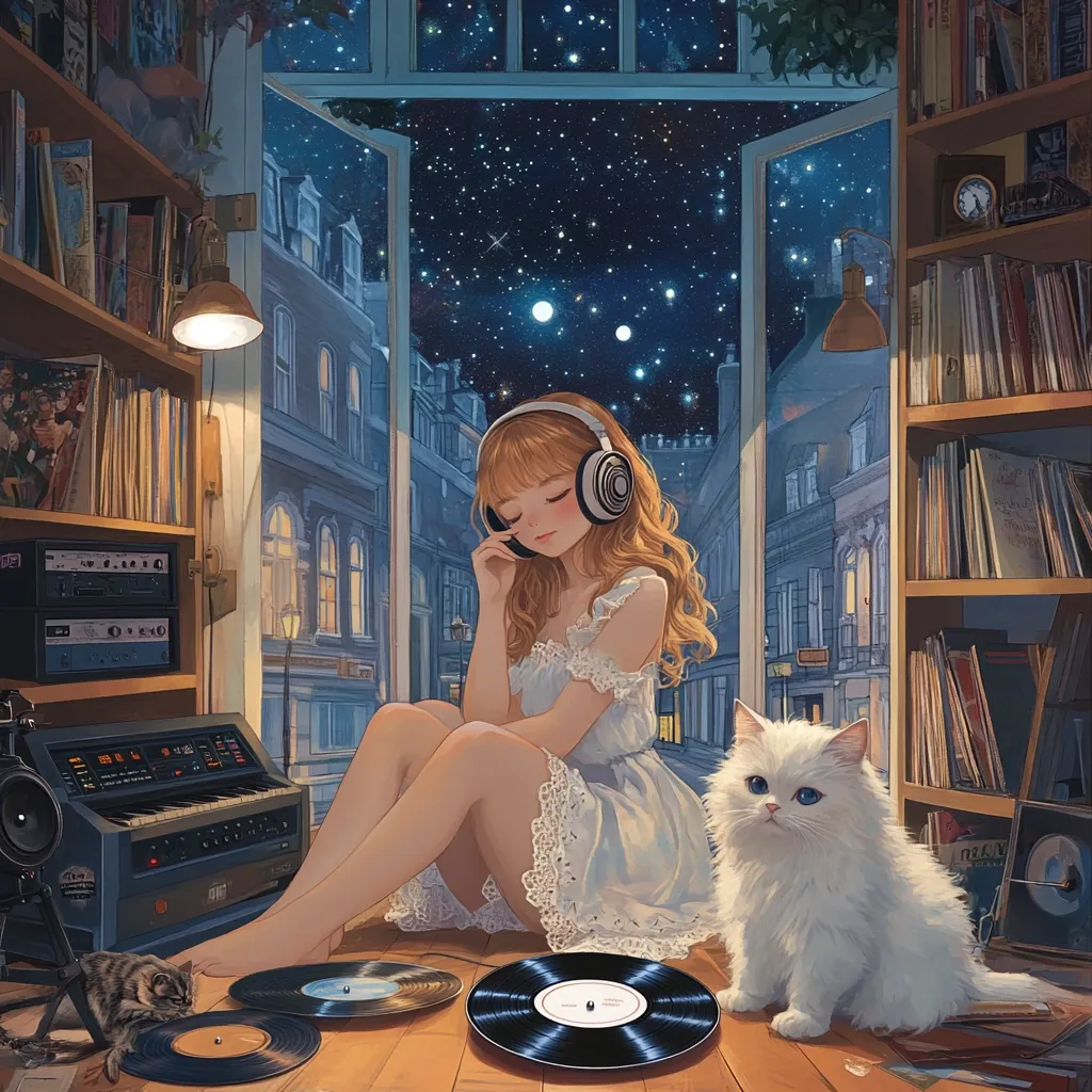 A young woman with blonde hair sits by a window, wearing headphones and a white dress.  She's surrounded by vinyl records and a vintage-style keyboard, in a room filled with bookshelves.  A fluffy white cat sits beside her, and the night sky, filled with stars, is visible through the open window.  The scene is peaceful and nostalgic, evoking a feeling of calm and quiet enjoyment.